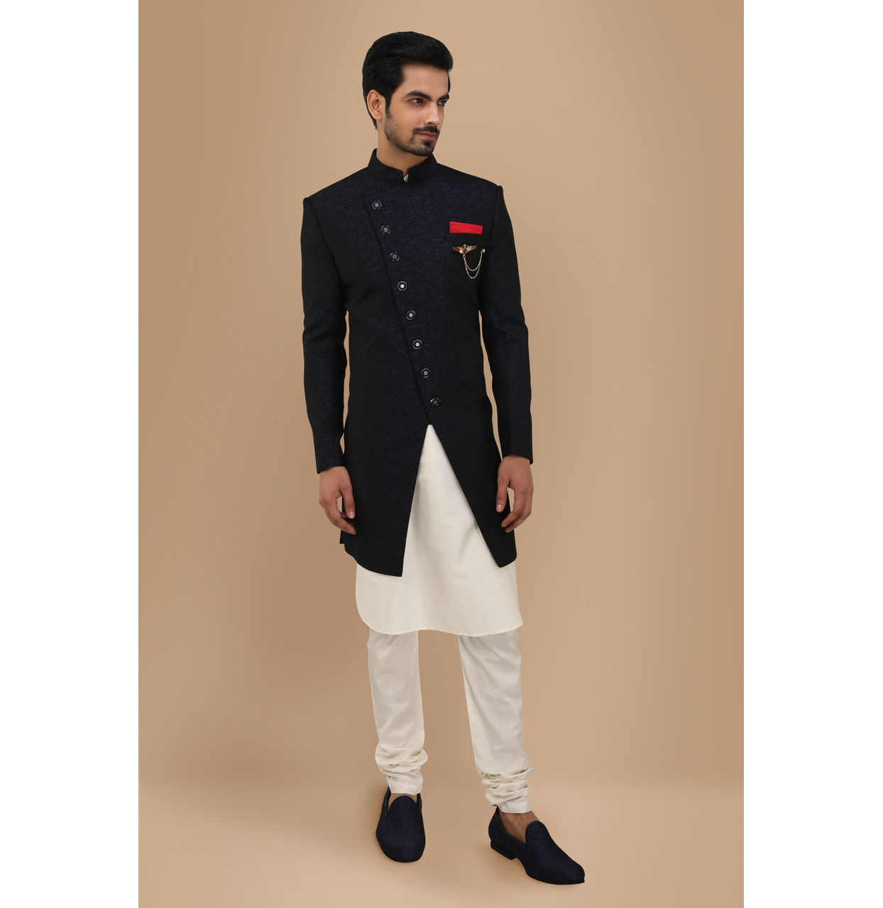 alt message - Manyavar Men Trendy Textured Blue Indo Western Set image number 1